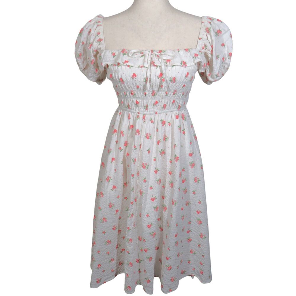 R Vivimos White Pink Floral Smocked Textured Puff Sleeve Midi Dress Size Small
